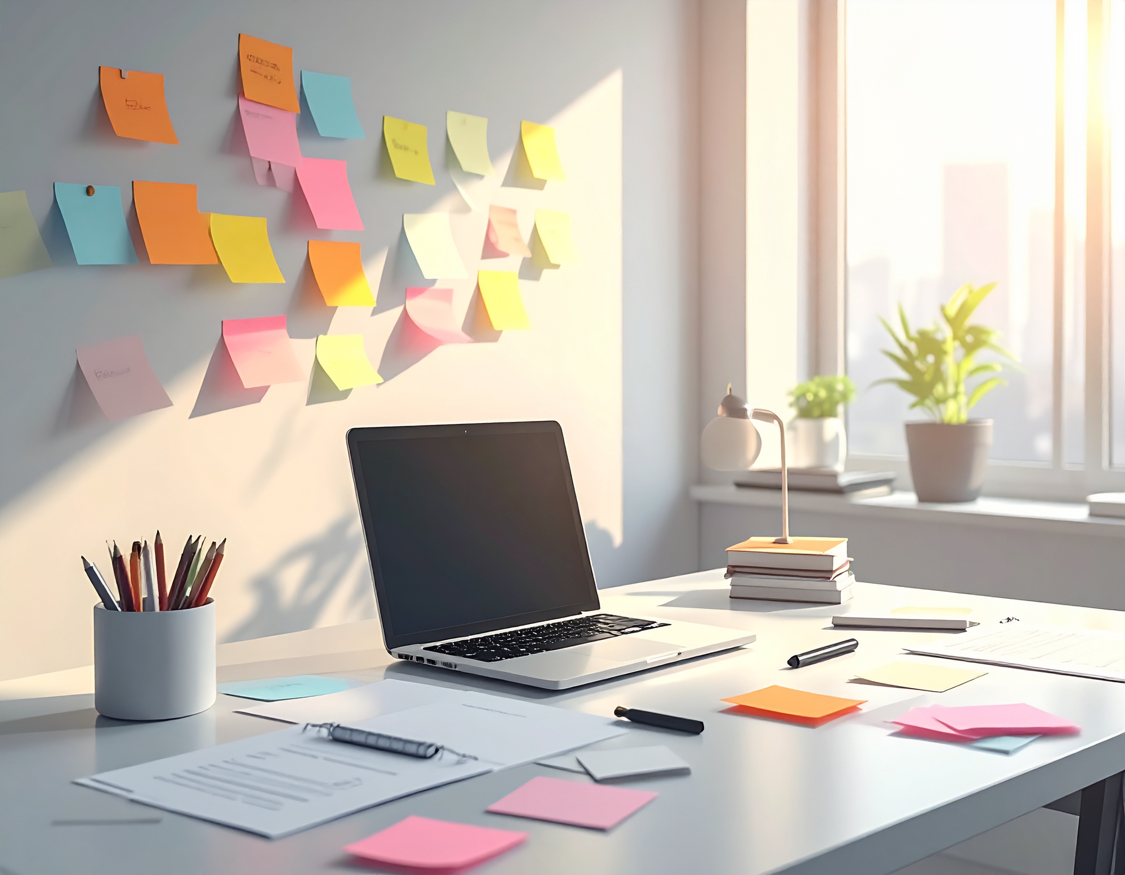 Büroarbeitsplatz mit Notizzetteln, Chat-Sprechblasen und verteilten Dokumenten als Symbol für fragmentierte Kommunikation in KMUs